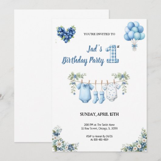 CUTEST BLUE BIRTHDAY PARTY Invitation 招待状 (正面/裏面)