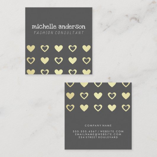 Cutesy金ゴールドハートパターン スクエア名刺 (正面/裏面)