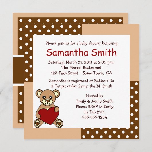 CuteTeddyくまのベビーシャワーの招待状のブラウンの赤 招待状 (正面/裏面)