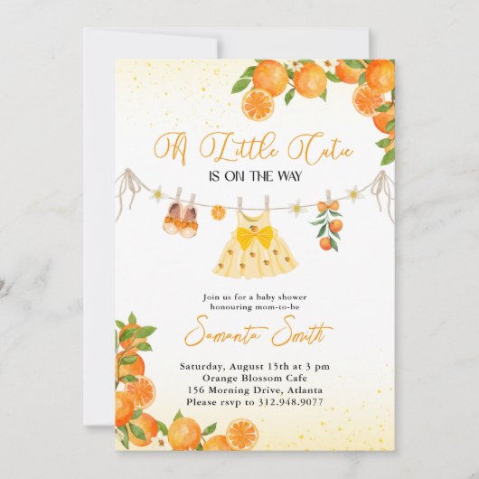 Cutie Girl Orange Clothesline Baby Shower 招待状 (正面)