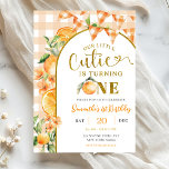 Cutie Orange Gingham 1st birthday 招待状<br><div class="desc">Cutie Orange Gingham 1st birthday invitation,  Our Little Cutie Is Turning One Birthday,  Editable Orange Birthday Invite</div>