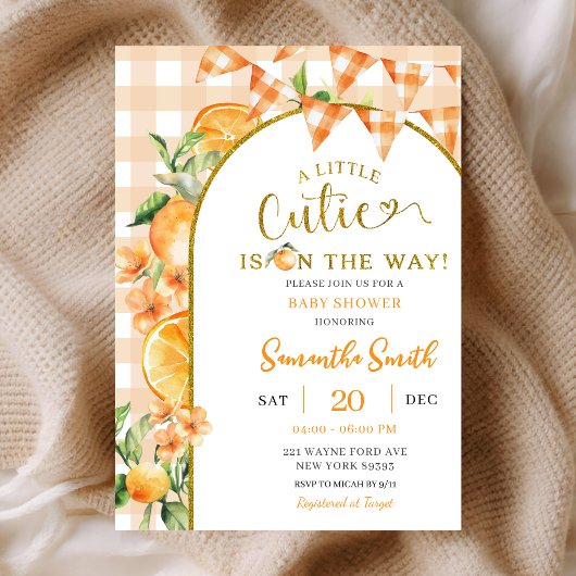 Cutie Orange Gingham baby shower invitation 招待状