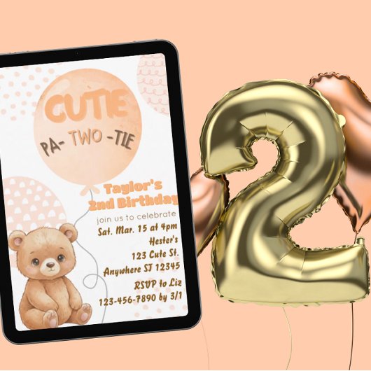 Cutie Pa-TWO-tie Peach Bear Balloons 2nd Birthday 招待状