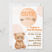 Cutie Pa-TWO-tie Peach Bear Balloons 2nd Birthday 招待状 (正面)