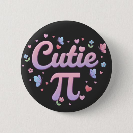 Cutie Pi Symbol Math Pun Pink Butterfly Hearts 缶バッジ (正面)