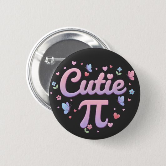 Cutie Pi Symbol Math Pun Pink Butterfly Hearts 缶バッジ (正面&裏面)