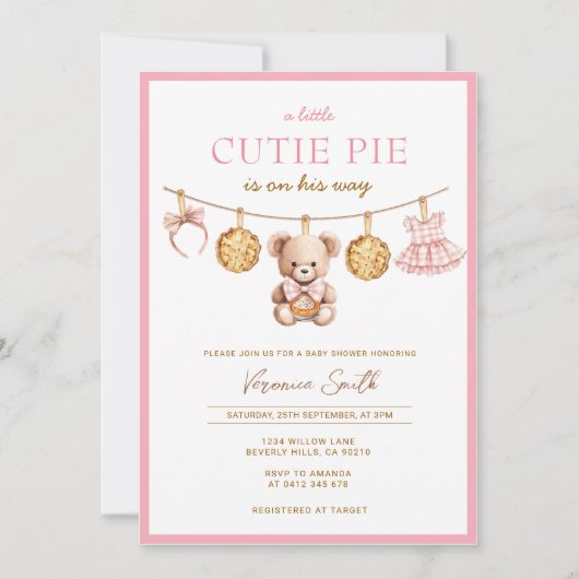 Cutie Pie Bear Girl Baby Shower Invitation 招待状 (正面)