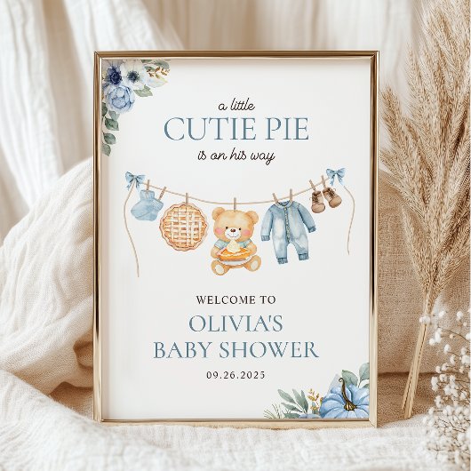 Cutie Pie Blue Fall Boy Baby Shower Welcome ポスター
