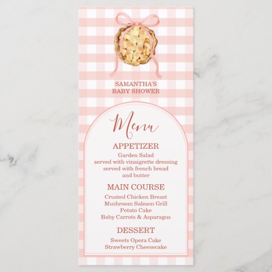Cutie Pie Pastel Pink Bow Gingham Fall Baby Shower メニュー (正面)