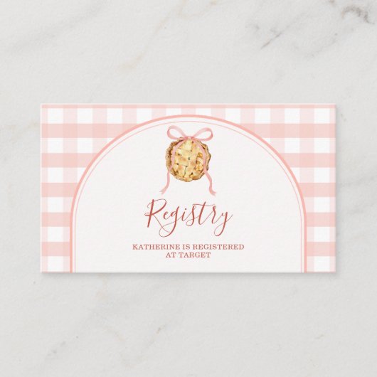 Cutie Pie Pastel Pink Gingham Baby Shower Registry エンクロージャーカード (正面)