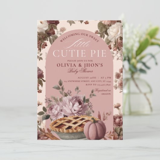 Cutie Pie Pumpkin Floral Bow Baby Shower 招待状 (スタンド正面)