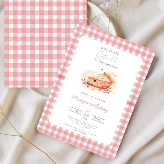 Cutie Pie Rustic Pink Gingham 1st Birthday Invitat 招待状