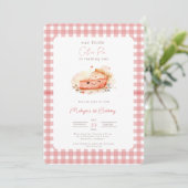 Cutie Pie Rustic Pink Gingham 1st Birthday Invitat 招待状 (スタンド正面)