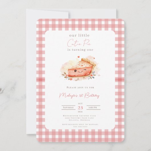 Cutie Pie Rustic Pink Gingham 1st Birthday Invitat 招待状 (正面)