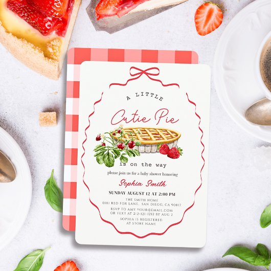 Cutie Pie Strawberries Red Bow Girl Baby Shower 招待状