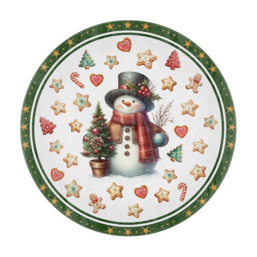 Cutting Board Round Snowman and Christmas Cookies カッティングボード (正面)