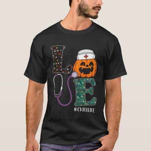 CVICU Nurse Halloween Scary Pumpkin Love Nurse Lif Tシャツ (正面)