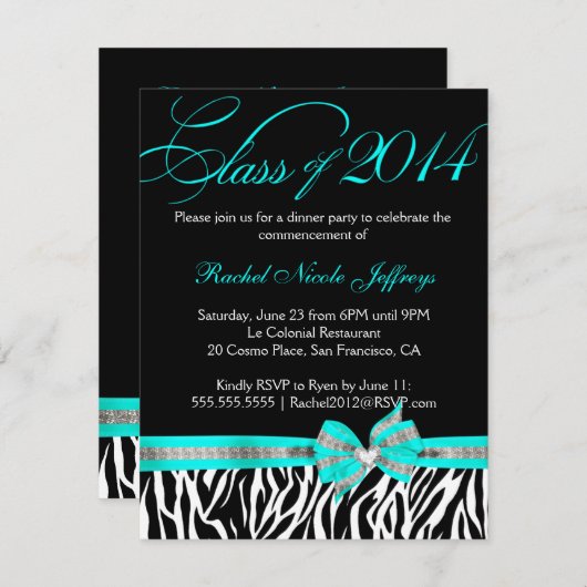 [CWR Tonya G]白黒のティール（緑がかった色）のシマウマの卒業 招待状 (正面/裏面)