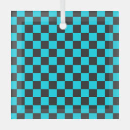 Cyan and charcoal checkerboard pattern ガラスオーナメント