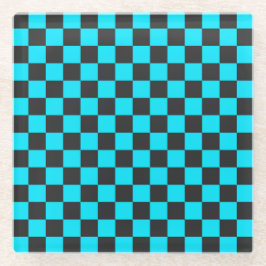 Cyan and charcoal checkerboard pattern ガラスコースター