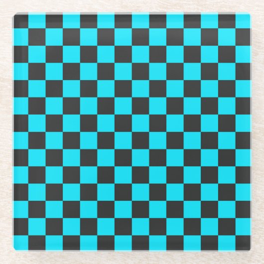 Cyan and charcoal checkerboard pattern ガラスコースター (正面)