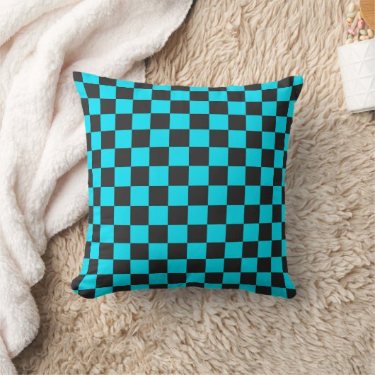 Cyan and charcoal checkerboard pattern クッション (ブランケット)