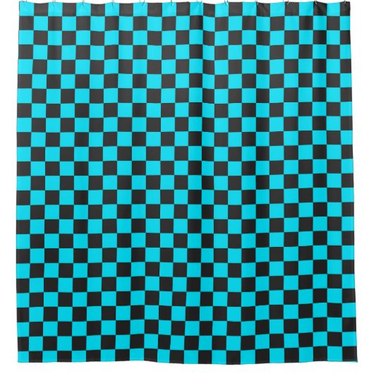 Cyan and charcoal checkerboard pattern シャワーカーテン (正面)