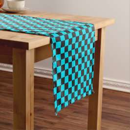 Cyan and charcoal checkerboard pattern ショートテーブルランナー