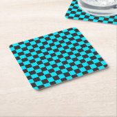 Cyan and charcoal checkerboard pattern スクエアペーパーコースター (アングル)