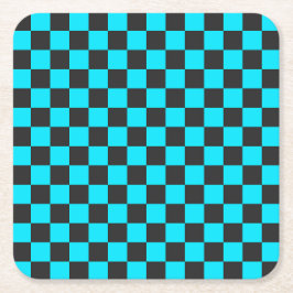 Cyan and charcoal checkerboard pattern スクエアペーパーコースター