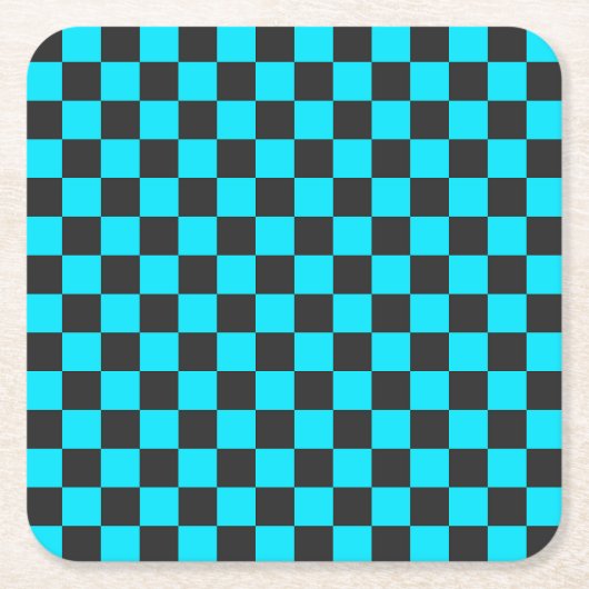 Cyan and charcoal checkerboard pattern スクエアペーパーコースター (正面)