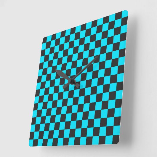 Cyan and charcoal checkerboard pattern スクエア壁時計 (傾斜)