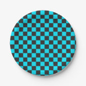 Cyan and charcoal checkerboard pattern ペーパープレート (正面)