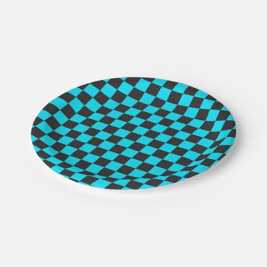 Cyan and charcoal checkerboard pattern ペーパープレート (アングル)