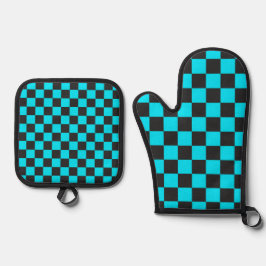 Cyan and charcoal checkerboard pattern 鍋つかみ&鍋敷きセット