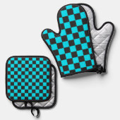 Cyan and charcoal checkerboard pattern 鍋つかみ&鍋敷きセット (正面/裏面)