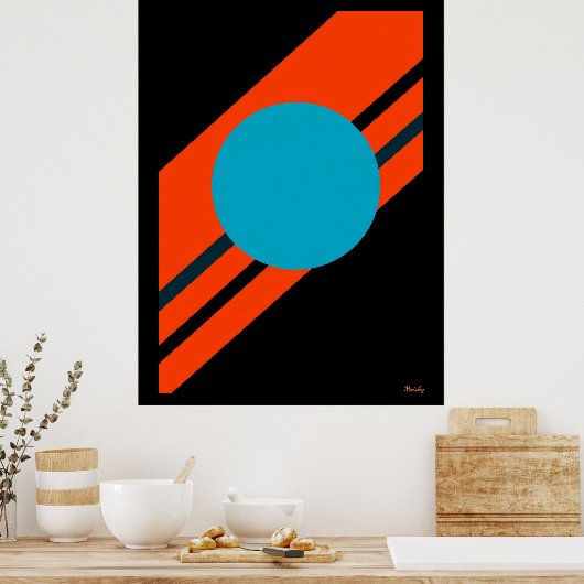 Cyan Circle with Orange Diagonal Bauhaus Design ポスター (キッチン)