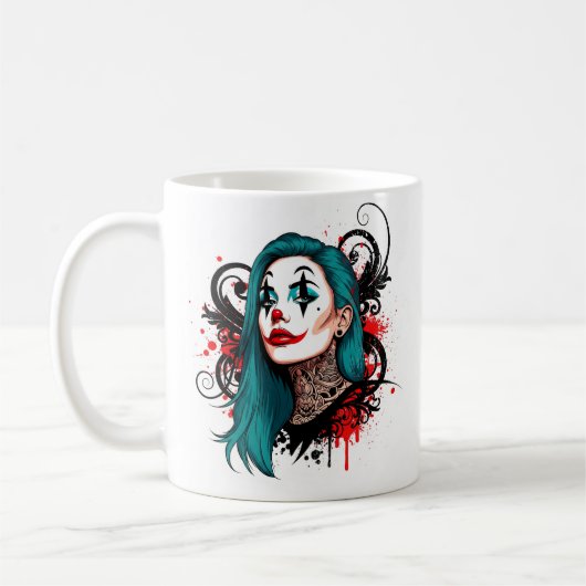 Cyan Haired Clown Queen - Spooky Chic Design コーヒーマグカップ (左)