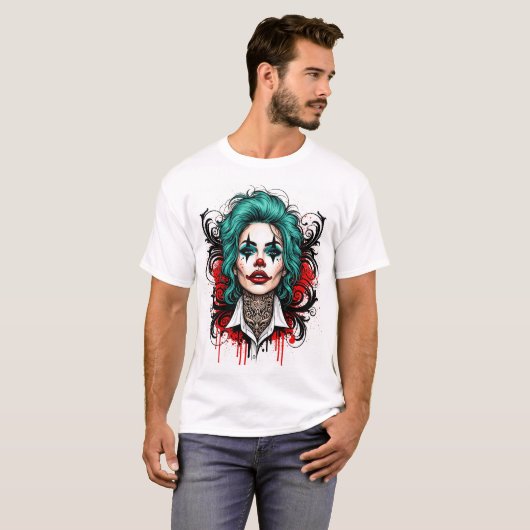 Cyan Haired Clown Queen - Spooky Chic Graphic Tシャツ (正面フル)