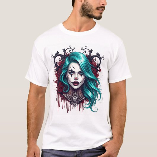 Cyan Haired Clown Queen - Spooky Chic Graphic Tシャツ (正面)