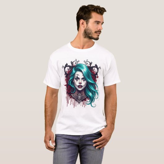 Cyan Haired Clown Queen - Spooky Chic Graphic Tシャツ (正面フル)