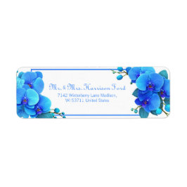 Cyan Sky Blue Botanical Orchid Return Address ラベル