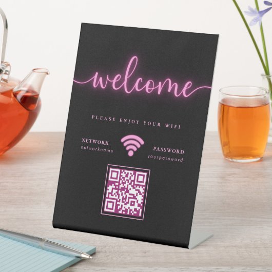 Cyber 白熱［赤熱］光を放つ Neon Pink Welcome WIFI QRコード 台座サイン (インサイチュ)