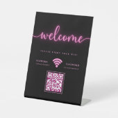 Cyber 白熱［赤熱］光を放つ Neon Pink Welcome WIFI QRコード 台座サイン (正面)