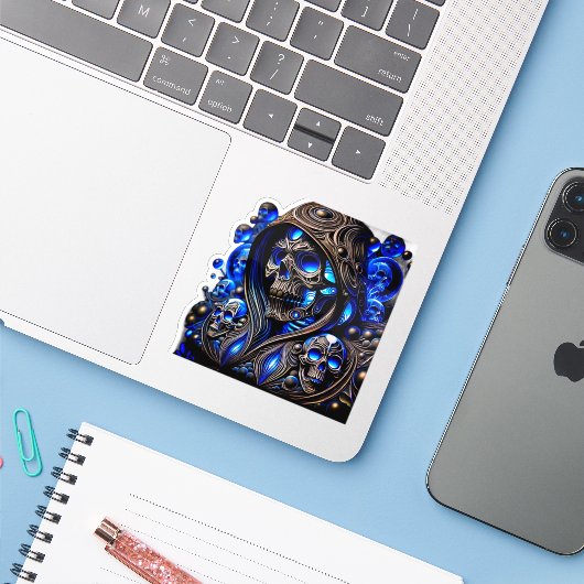 Cyber Blue Phantom Skull - Neon Glow Edition シール (ノートパソコンとiPhone)