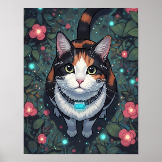 Cyber Cat Bloom | Floral Cybernetic Feline ポスター (正面)