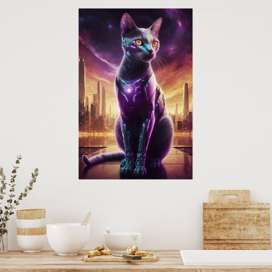 Cyber Cat Poster – 未来的なSci-Fi Eline Wall ポスター (キッチン)
