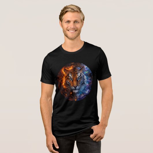 Cyber Elemental Tiger – Fire & Ice Fantasy Art トライブレンドTシャツ (正面全面)