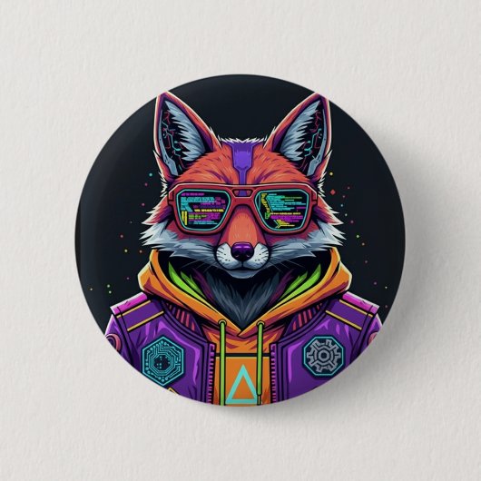 Cyber Fox Button Pin – Neon Streetwear Animal Art 缶バッジ (正面)