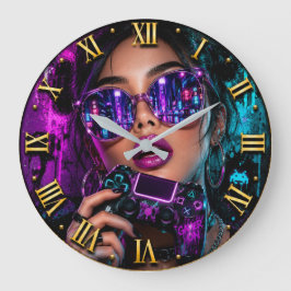 Cyber Gamer Queen Neon Gaming Woman Portrait ラージ壁時計